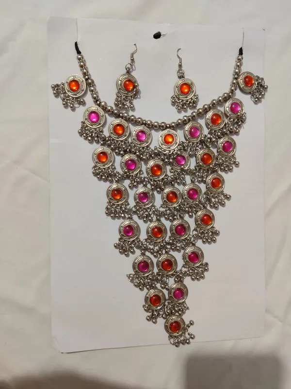 Silver_Tone_Red_Pink_Stone_Layered_Necklace_And_Earring_Set_For_Women