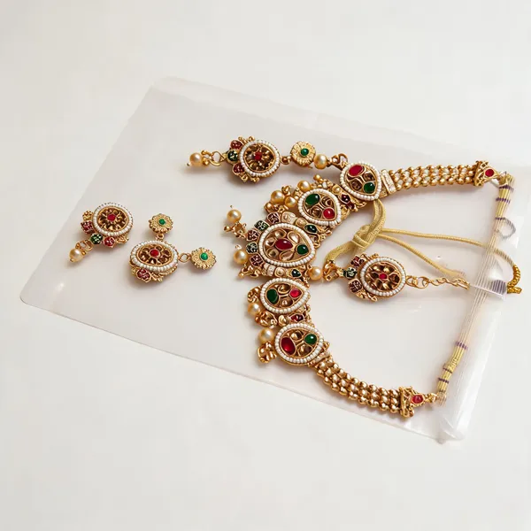 Gold_Tone_Metal_Traditional_Bridal_Necklace_And_Earring_Set_For_Women