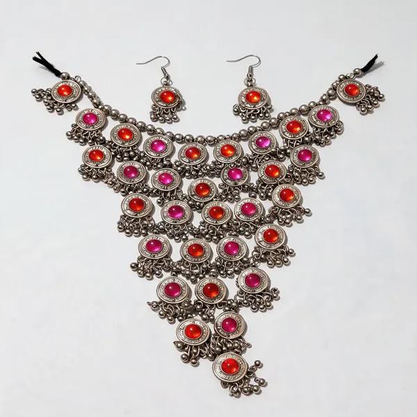 Silver_Tone_Red_Pink_Stone_Layered_Necklace_And_Earring_Set_For_Women