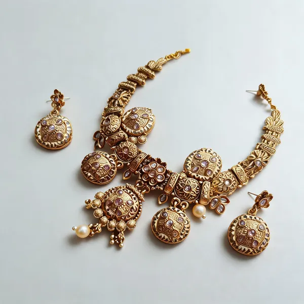 Gold_Tone_Metal_Embellished_Necklace_And_Earring_Set_For_Women