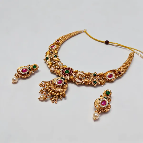 Gold_Tone_Metal_Kundan_Style_Bridal_Necklace_And_Earring_Set_For_Women