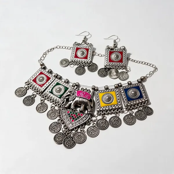 Multicolour_Silver_Oxidised_Metal_Necklace_And_Earring_Set_For_Women