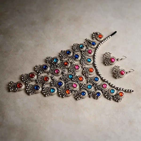 Silver_Multicolour_Metal_Stone_Necklace_And_Earring_Set_For_Women