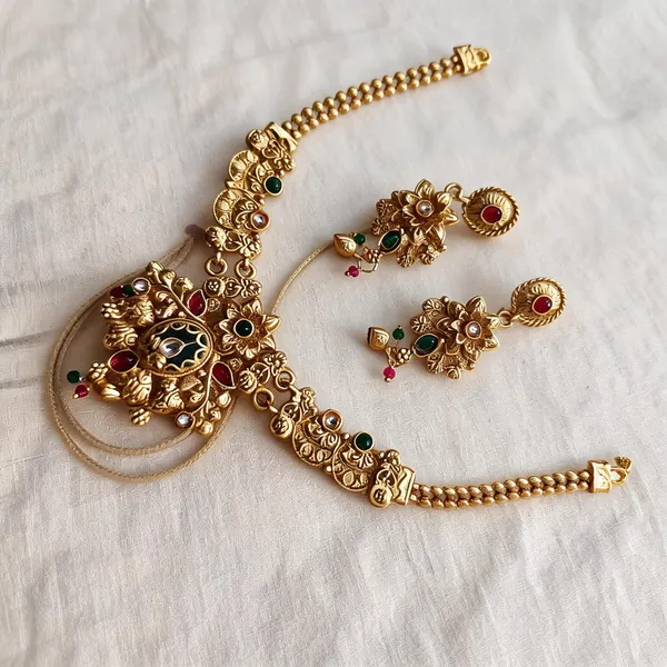Gold_Tone_Metal_Temple_Style_Necklace_And_Earring_Set_For_Women