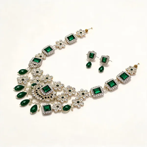 Silver_Green_Metal_Floral_Stone_Necklace_Earring_Set_For_Women