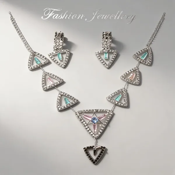Silver_Metal_Triangular_Stone_Layered_Necklace_Earring_Set_For_Women