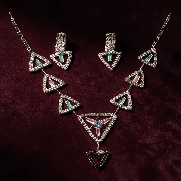 Silver_Metal_Triangular_Stone_Layered_Necklace_Earring_Set_For_Women