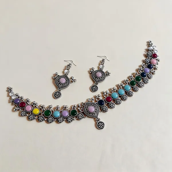 Multicolour_Oxidized_Silver_Metal_Floral_Necklace_Earring_Set_For_Women