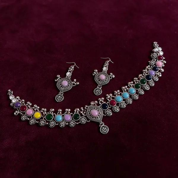 Multicolour_Oxidized_Silver_Metal_Floral_Necklace_Earring_Set_For_Women