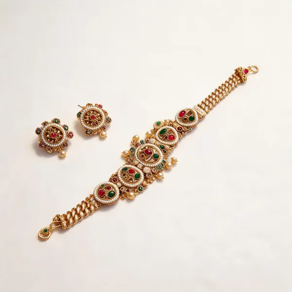 Golden_Metal_Red_Green_Stone_Traditional_Necklace_Earring_Set_For_Women