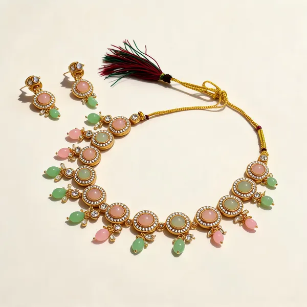 Gold_Tone_Multicolour_Beaded_Bridal_Necklace_Earring_Set_For_Women