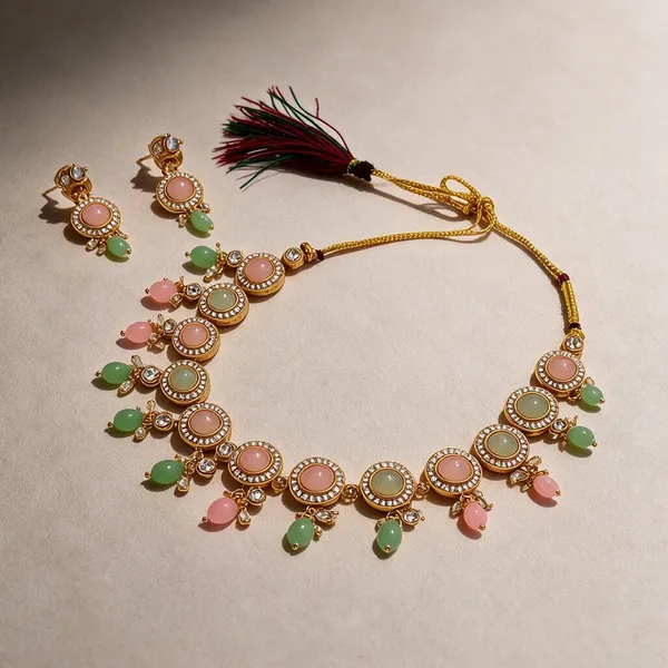 Gold_Tone_Multicolour_Beaded_Bridal_Necklace_Earring_Set_For_Women