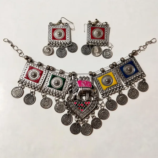 Multicolour_Oxidized_Silver_Metal_Tribal_Elephant_Necklace_Earring_Set_For_Women
