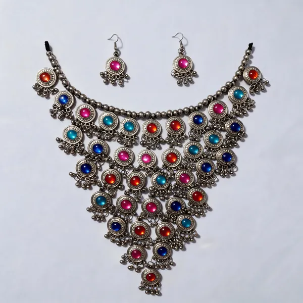 Multicolour_Oxidized_Silver_Metal_Bib_Stone_Necklace_Earring_Set_For_Women