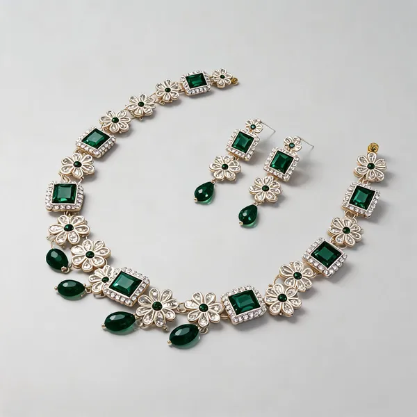 Silver_Green_Metal_Floral_Stone_Necklace_Earring_Set_For_Women