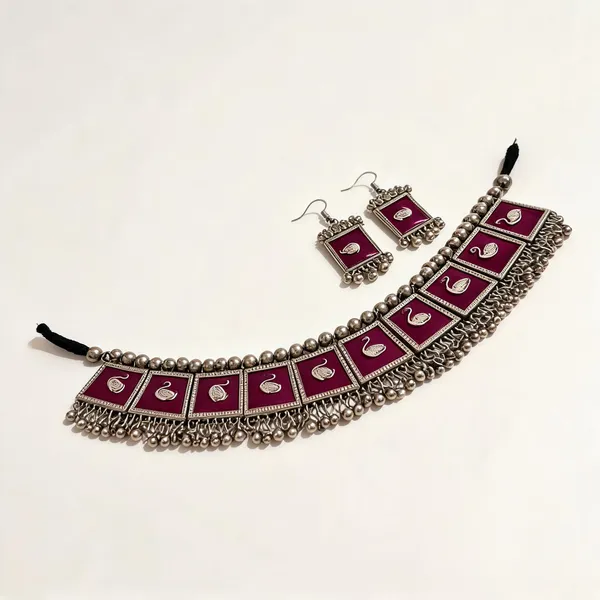 Oxidised_Silver-Tone_Maroon_Beaded_Ethnic_Necklace_Earring_Set_For_Women