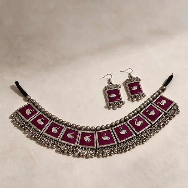 Oxidised_Silver-Tone_Maroon_Beaded_Ethnic_Necklace_Earring_Set_For_Women