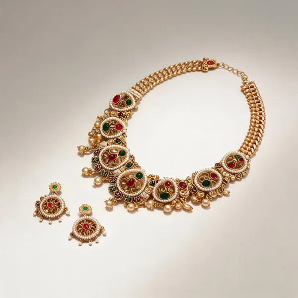 Gold-Tone_Red_Green_Stone_Pearl_Bridal_Necklace_Earring_Set_For_Women
