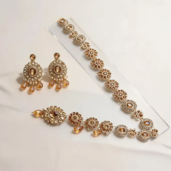 Gold-Tone_Floral_Stone_Embellished_Necklace_Earring_Set_For_Women