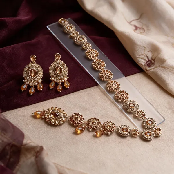 Gold-Tone_Floral_Stone_Embellished_Necklace_Earring_Set_For_Women