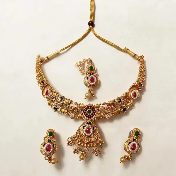 Gold_Tone_Red_Green_Stone_Metal_Necklace_And_Earring_Set_For_Women