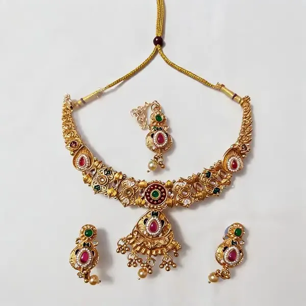 Gold_Tone_Red_Green_Stone_Metal_Necklace_And_Earring_Set_For_Women