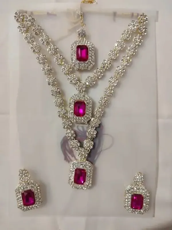 Silver_Magenta_Stone_Metal_Necklace_And_Earring_Set_For_Women