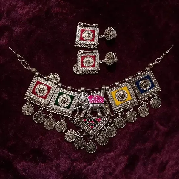 Silver_Metal_Multicolour_Coin_Charm_Tribal_Necklace_For_Women