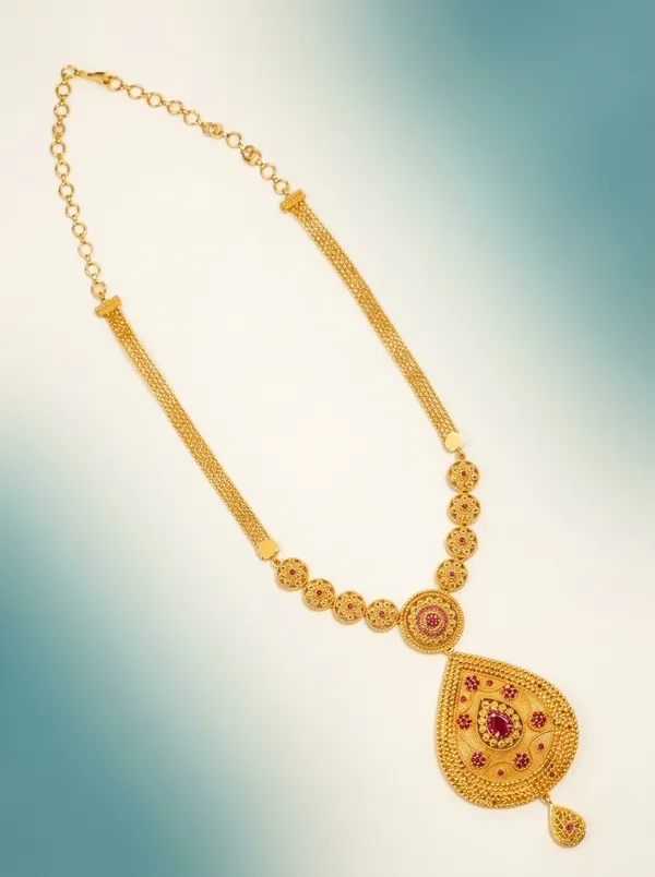 Antique_Gold_Temple_Jewellery_Long_Chain_Necklace_with_Ruby_&_Emerald_CZ_Teardrop_Pendant