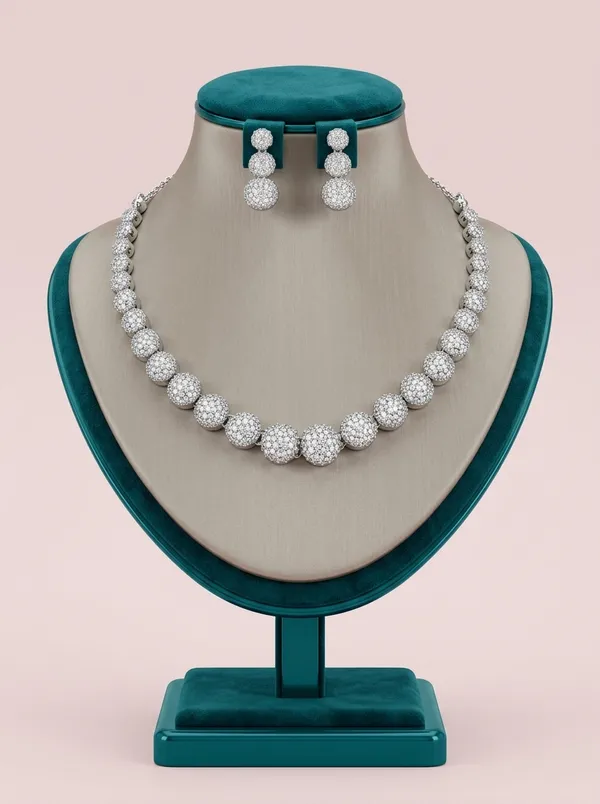 Vosgi_Rhodium_Plated_Graduated_Pavé_CZ_Sphere_Choker_Necklace_Set