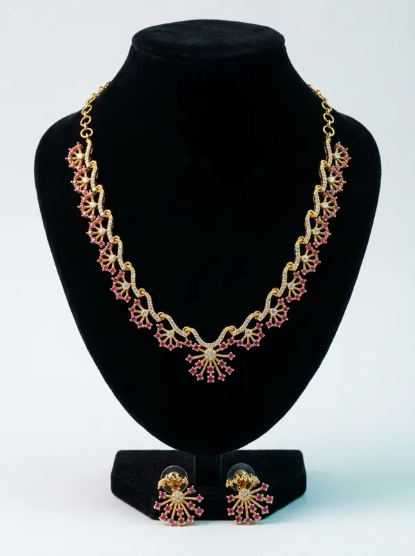 Crystal_Pearl_Ruby_CZ_Vine_Necklace_Set_|_Gold-Plated_Bridal_Jewellery_with_Earrings