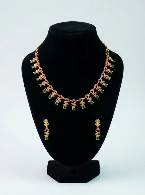 Antique_Ruby_Emerald_CZ_Floral_Leaf_Necklace_Set_|_Gold-Plated_Temple_Jewellery_with_Matching_Earrings