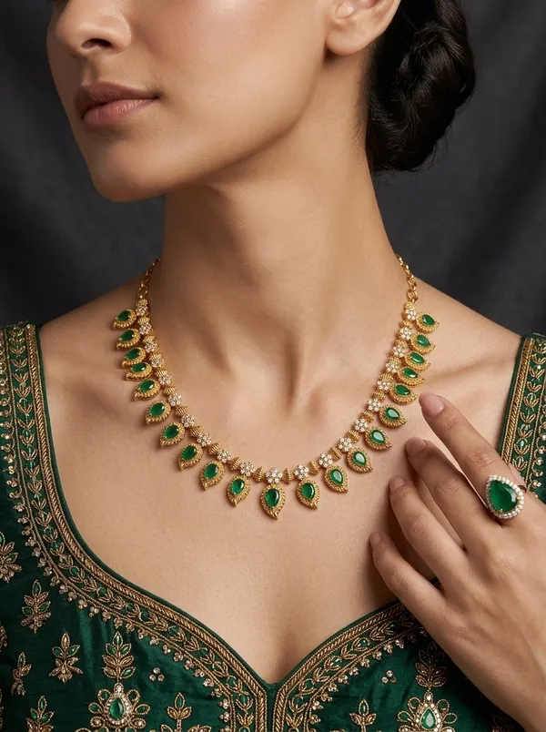 Vosgi_Gold_Plated_Pear-Cut_Emerald_Green_Cabochon_&_Floral_CZ_Fringe_Necklace