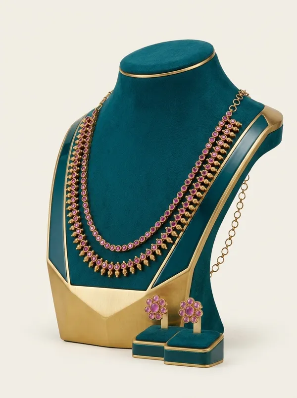 Vosgi_Gold_Plated_Double-Layered_Ruby_Pink_CZ_Beaded_Line_Necklace_Set