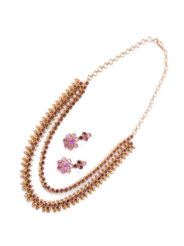 Vosgi_Gold_Plated_Double-Layered_Ruby_Pink_CZ_Beaded_Line_Necklace_Set