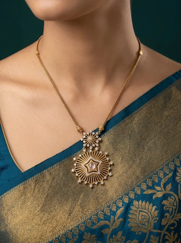 Vosgi_Gold_Plated_Celestial_Sunburst_&_Star_Light_Pink_CZ_Long_Pendant_Necklace