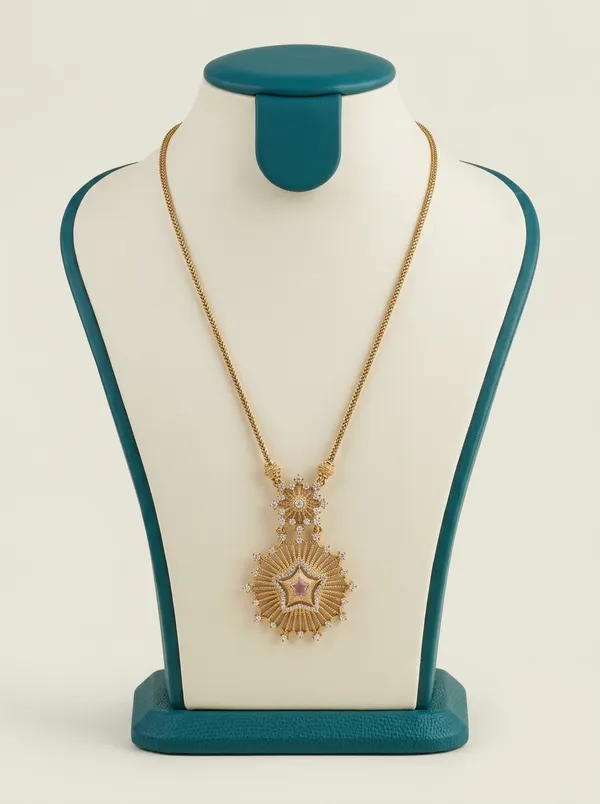 Vosgi_Gold_Plated_Celestial_Sunburst_&_Star_Light_Pink_CZ_Long_Pendant_Necklace