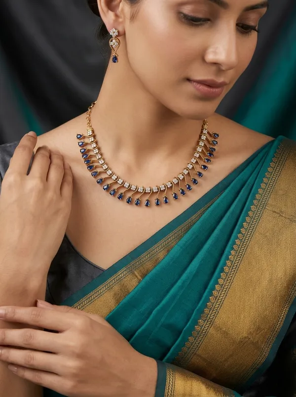 Vosgi_Gold_Plated_Sapphire_Blue_Drop_&_White_CZ_Necklace_Set