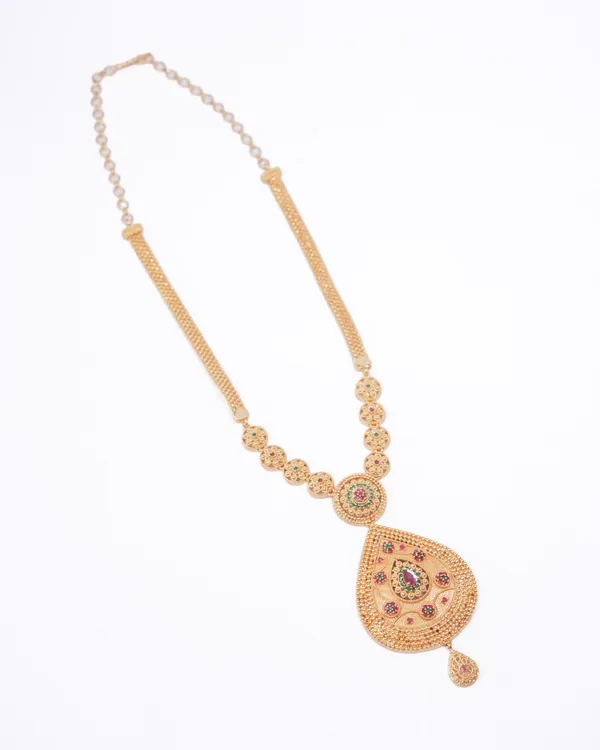 Royal_Teardrop_CZ_Temple_Necklace_|_Antique_Gold-Plated_Long_Haar_with_Floral_Coin_Detailing