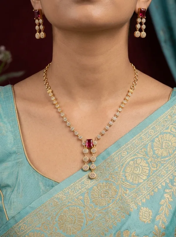 Ruby_Pink_Crystal_Link_Statement_Necklace_Set_|_High-Quality_Long-Lasting_Jewellery