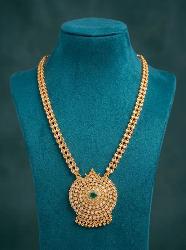 Vosgi_Gold-Plated_Circular_Statement_Necklace_with_Green_Stone_Centre
