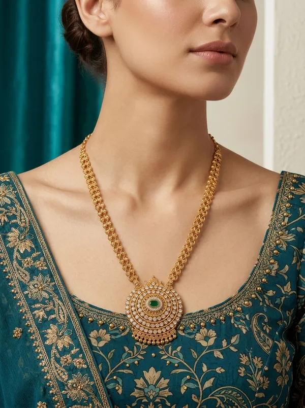 Vosgi_Gold-Plated_Circular_Statement_Necklace_with_Green_Stone_Centre