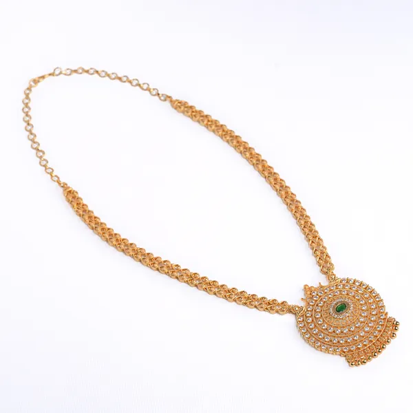 Vosgi_Gold-Plated_Circular_Statement_Necklace_with_Green_Stone_Centre