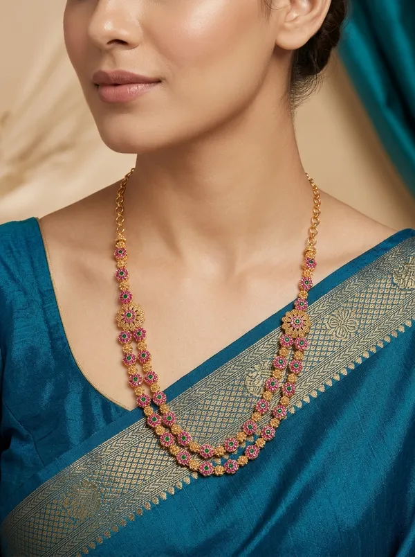 Vosgi_Pink_Green_Stone_Double_Layer_Gold_Necklace_South_Indian