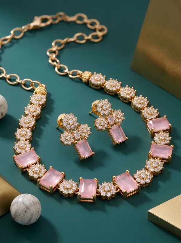 Blush_Pink_Crystal_Floral_Link_Necklace_Set_|_High-Quality_Long-Lasting_Jewellery