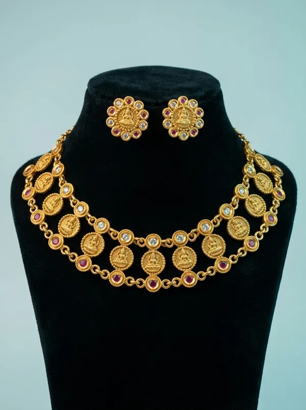 Floral_Crystal_Ruby_CZ_Bridal_Necklace_Set_|_Gold-Plated_Ethnic_Jewellery_with_Earrings