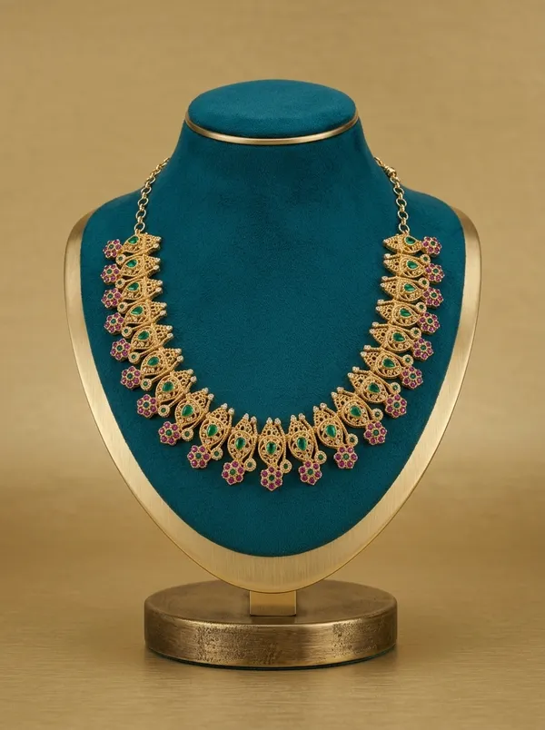 Vosgi_Gold_Plated_Traditional_Mango_Filigree_Emerald_Green_&_Ruby_Pink_CZ_Necklace