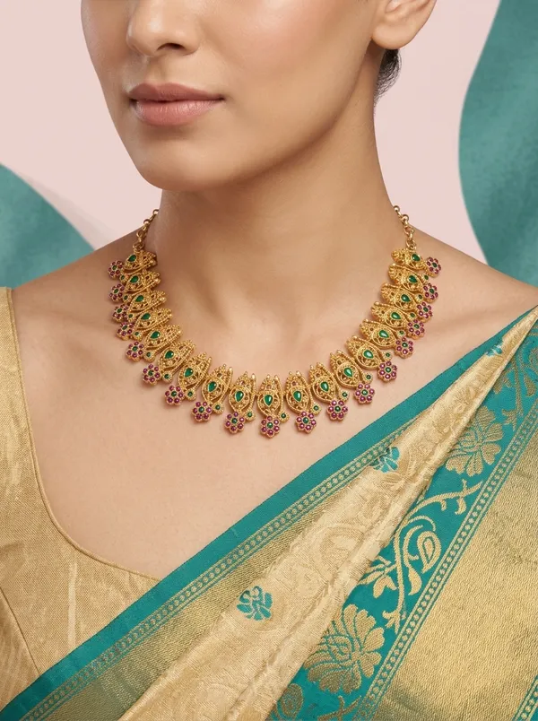 Vosgi_Pink_&_Green_Stone_Paisley_Collar_Necklace_Design