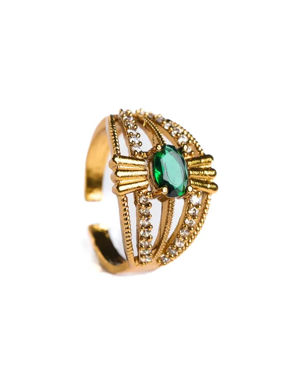 Vosgi_Gold_Plated_Multi-Strand_Emerald_Green_Oval_Stone_&_Pavé_CZ_Adjustable_Ring
