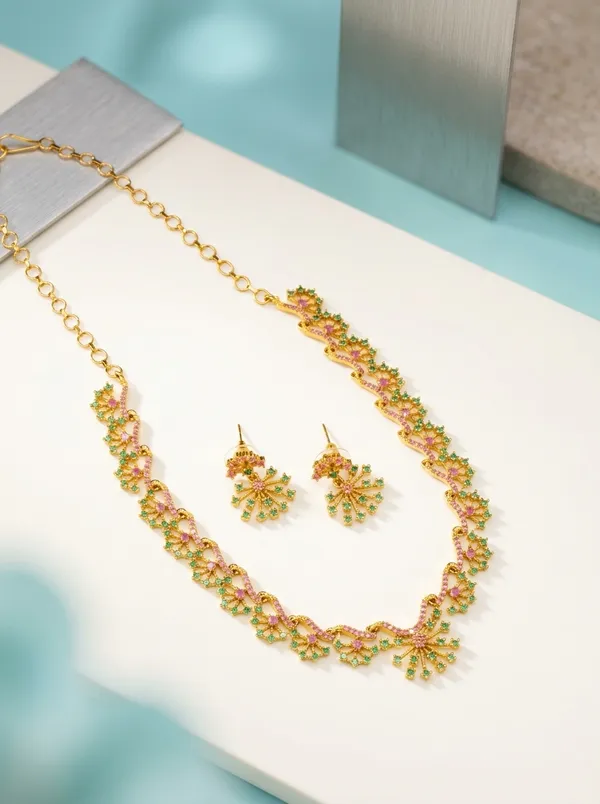 Ruby_Emerald_CZ_Floral_Vine_Necklace_Set_|_Gold-Plated_Bridal_Jewellery_with_Earrings